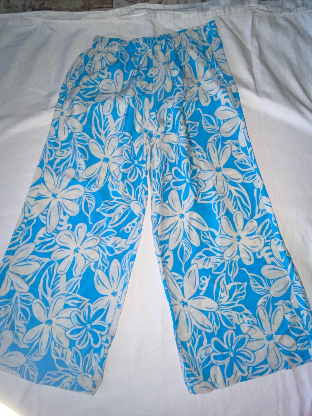 Turquoise and White Floral Wide-Leg Pants